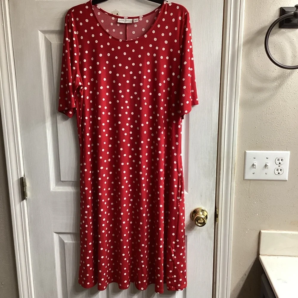 Susan Graver Printed Liquid Knit Fit & Flare Dress Large Tall Red Dot Pockets - Picture 5 of 10